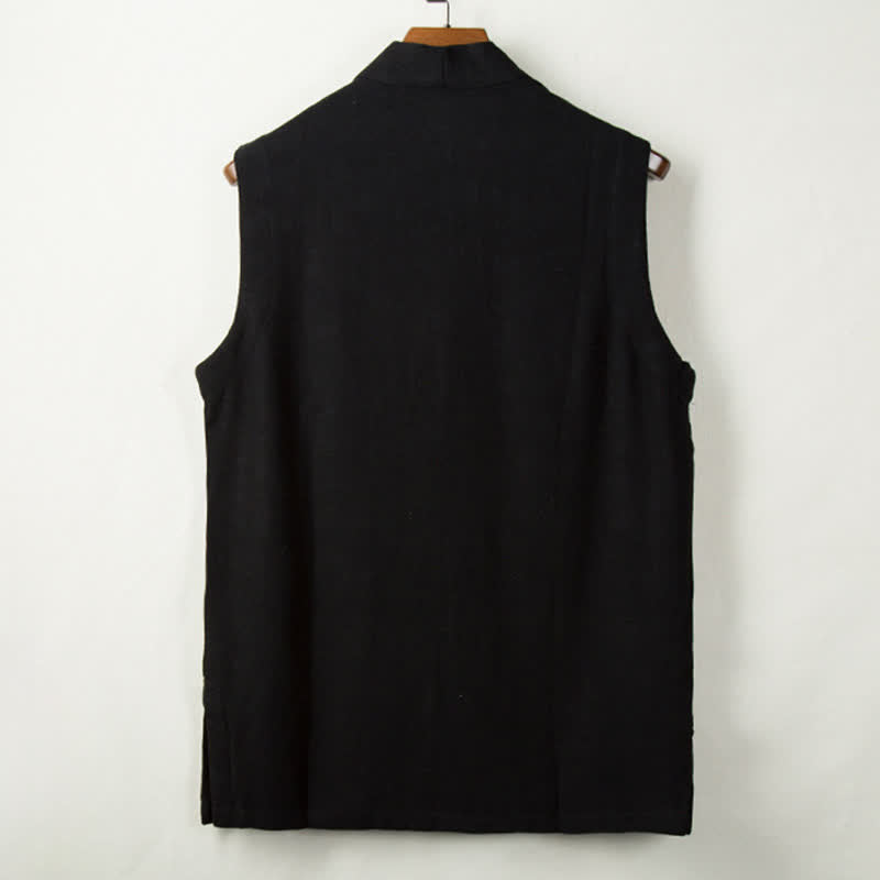 Buddha Stones Gilet da uomo in cotone e lino tinta unita, stile Tang, minimalista, con bottoni a rana, tinta unita, con tasca, per primavera, estate e autunno. - image 3