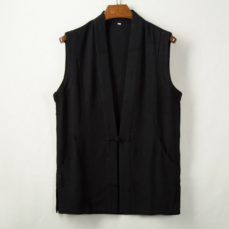 Buddha Stones Gilet da uomo in cotone e lino tinta unita, stile Tang, minimalista, con bottoni a rana, tinta unita, con tasca, per primavera, estate e autunno. - Nero - US/UK/AU44, EU54 (4XL) - image 2