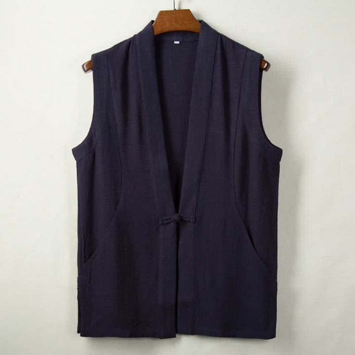 Buddha Stones Gilet da uomo in cotone e lino tinta unita, stile Tang, minimalista, con bottoni a rana, tinta unita, con tasca, per primavera, estate e autunno. - Blu notte - US/UK/AU44, EU54 (4XL) - image 4