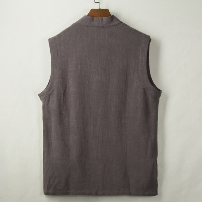 Buddha Stones Gilet da uomo in cotone e lino tinta unita, stile Tang, minimalista, con bottoni a rana, tinta unita, con tasca, per primavera, estate e autunno. - image 1