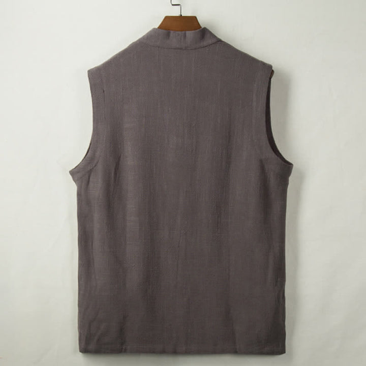 Buddha Stones Gilet da uomo in cotone e lino tinta unita, stile Tang, minimalista, con bottoni a rana, tinta unita, con tasca, per primavera, estate e autunno. - image 1