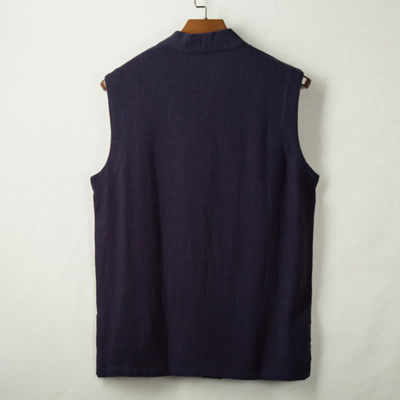 Buddha Stones Gilet da uomo in cotone e lino tinta unita, stile Tang, minimalista, con bottoni a rana, tinta unita, con tasca, per primavera, estate e autunno. - image 5