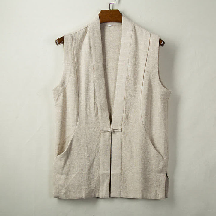 Buddha Stones Gilet da uomo in cotone e lino tinta unita, stile Tang, minimalista, con bottoni a rana, tinta unita, con tasca, per primavera, estate e autunno. - Beige - US/UK/AU44, EU54 (4XL) - image 6