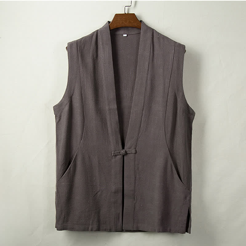 Buddha Stones Gilet da uomo in cotone e lino tinta unita, stile Tang, minimalista, con bottoni a rana, tinta unita, con tasca, per primavera, estate e autunno. - Grigio tenue - US/UK/AU44, EU54 (4XL) - image 0