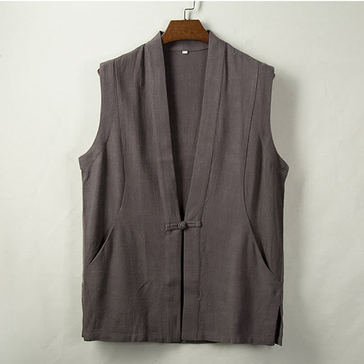 Buddha Stones Gilet da uomo in cotone e lino tinta unita, stile Tang, minimalista, con bottoni a rana, tinta unita, con tasca, per primavera, estate e autunno. - Grigio tenue - US/UK/AU44, EU54 (4XL) - image 0