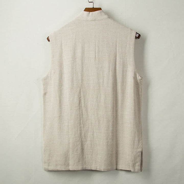 Buddha Stones Gilet da uomo in cotone e lino tinta unita, stile Tang, minimalista, con bottoni a rana, tinta unita, con tasca, per primavera, estate e autunno. - image 7