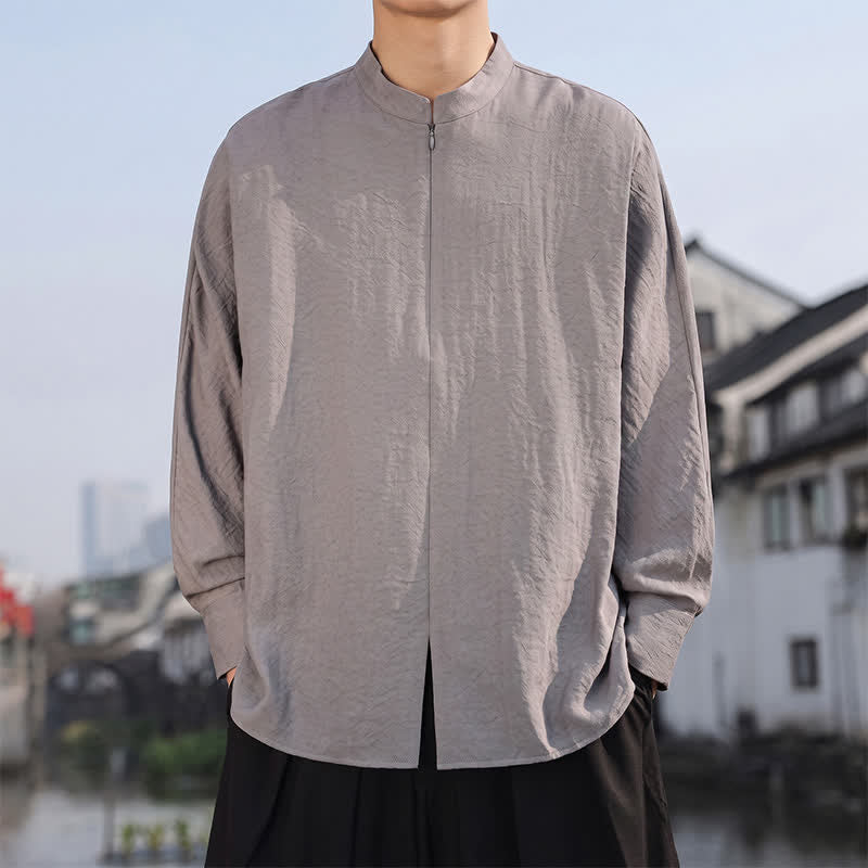 Buddha Stones Camicia da uomo a maniche lunghe, stile Tang, casual, minimalista, primavera/estate, con colletto alla coreana, tinta unita. - image 1