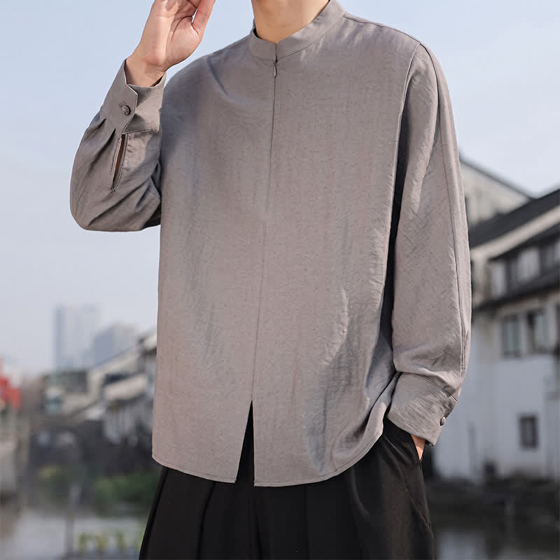 Buddha Stones Camicia da uomo a maniche lunghe, stile Tang, casual, minimalista, primavera/estate, con colletto alla coreana, tinta unita. - Grigio scuro - US/UK/AU46, EU56 (5XL) - image 0