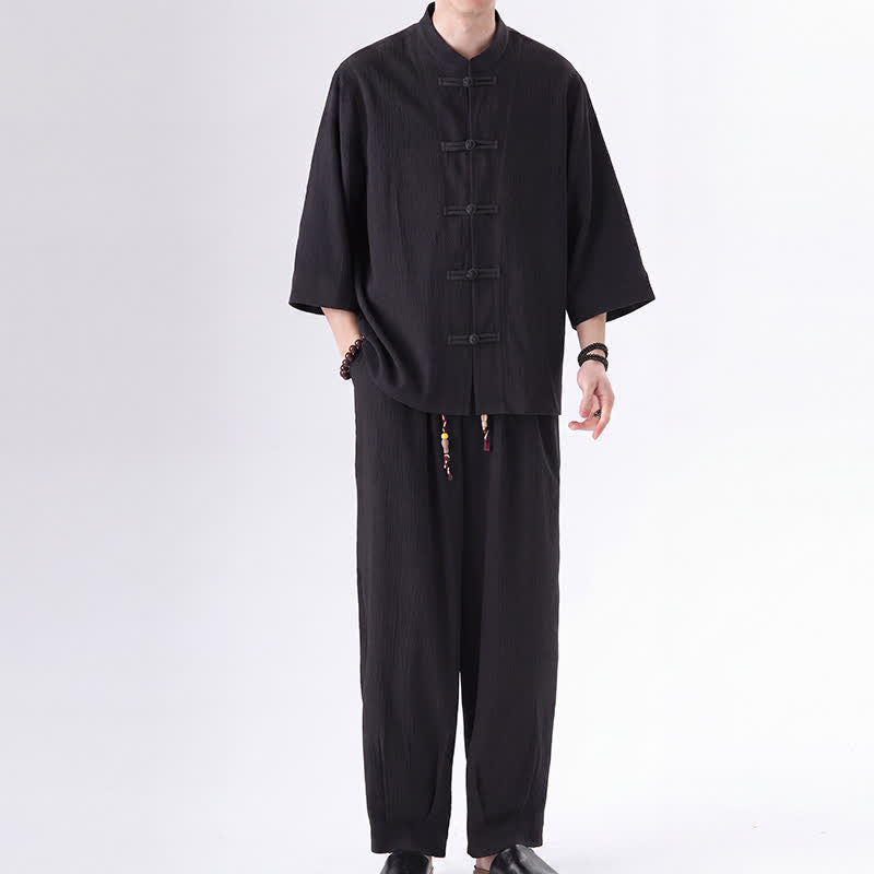 Buddha Stones Completo da uomo composto da 2 pezzi: camicia e pantaloni a maniche a tre quarti con bottoni a rana, stile Spring Tang, tinta unita, ideale per la meditazione, con tasca. - image 1