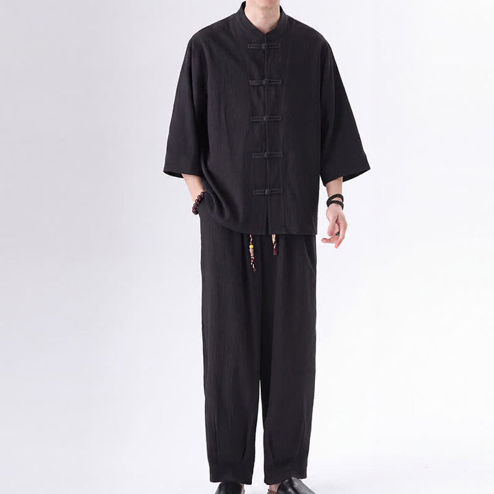 Buddha Stones Completo da uomo composto da 2 pezzi: camicia e pantaloni a maniche a tre quarti con bottoni a rana, stile Spring Tang, tinta unita, ideale per la meditazione, con tasca. - image 1