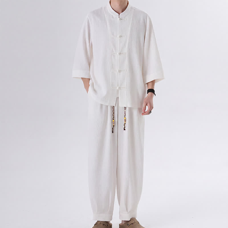 Buddha Stones Completo da uomo composto da 2 pezzi: camicia e pantaloni a maniche a tre quarti con bottoni a rana, stile Spring Tang, tinta unita, ideale per la meditazione, con tasca. - Bianco - US/UK/AU46, EU56 (5XL) - image 12