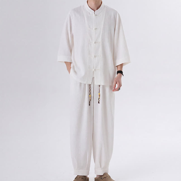 Buddha Stones Completo da uomo composto da 2 pezzi: camicia e pantaloni a maniche a tre quarti con bottoni a rana, stile Spring Tang, tinta unita, ideale per la meditazione, con tasca. - Bianco - US/UK/AU46, EU56 (5XL) - image 12