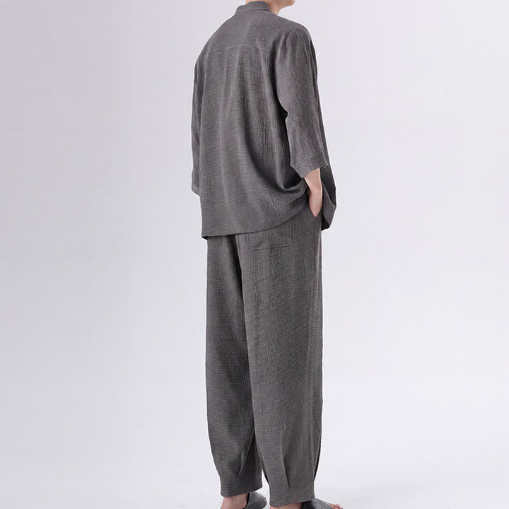 Buddha Stones Completo da uomo composto da 2 pezzi: camicia e pantaloni a maniche a tre quarti con bottoni a rana, stile Spring Tang, tinta unita, ideale per la meditazione, con tasca. - image 10