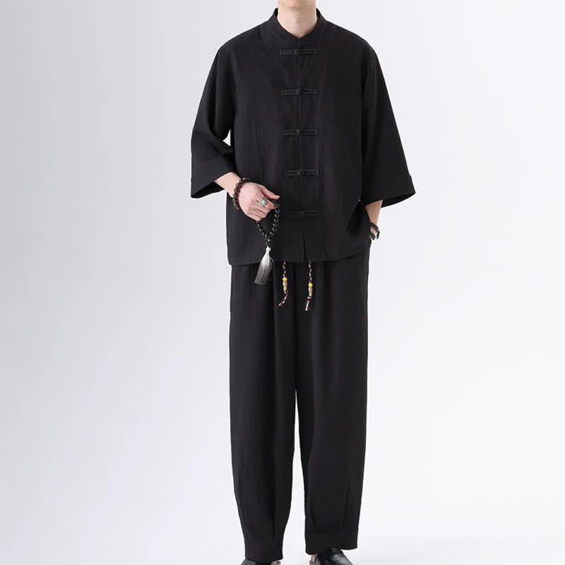 Buddha Stones Completo da uomo composto da 2 pezzi: camicia e pantaloni a maniche a tre quarti con bottoni a rana, stile Spring Tang, tinta unita, ideale per la meditazione, con tasca. - Nero - US/UK/AU46, EU56 (5XL) - image 0