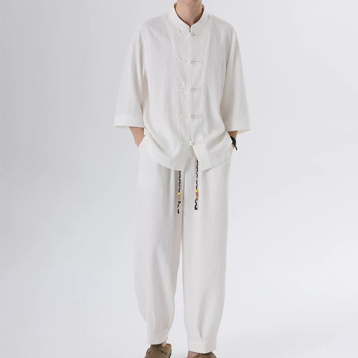 Buddha Stones Completo da uomo composto da 2 pezzi: camicia e pantaloni a maniche a tre quarti con bottoni a rana, stile Spring Tang, tinta unita, ideale per la meditazione, con tasca. - image 13