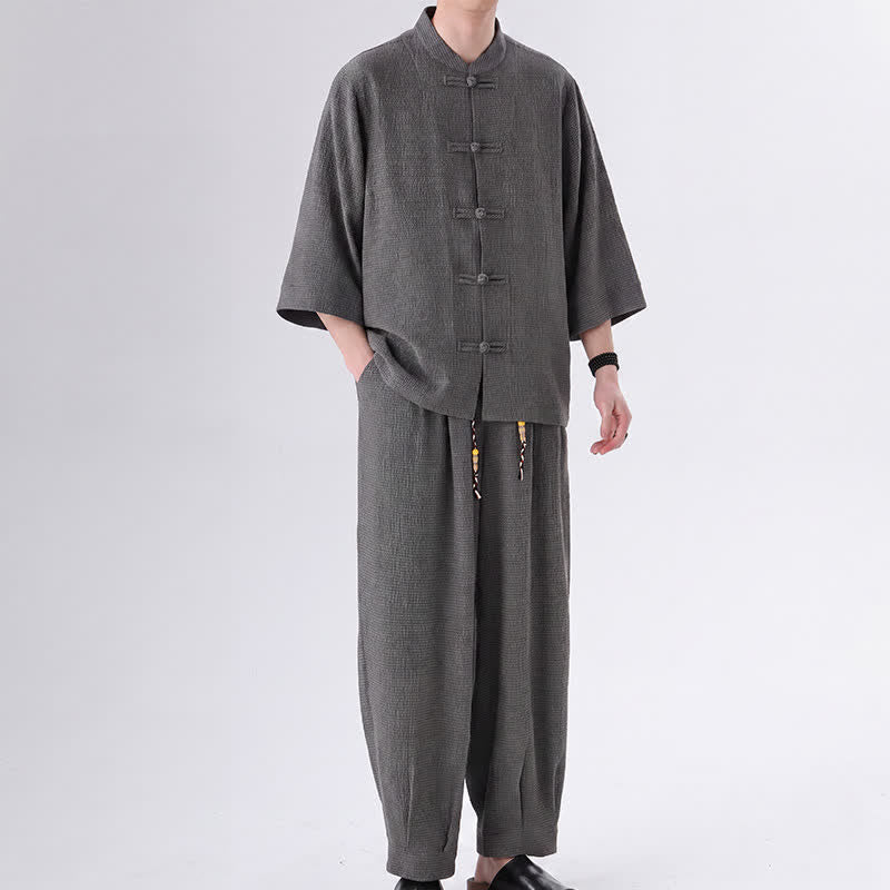 Buddha Stones Completo da uomo composto da 2 pezzi: camicia e pantaloni a maniche a tre quarti con bottoni a rana, stile Spring Tang, tinta unita, ideale per la meditazione, con tasca. - Grigio tenue - US/UK/AU46, EU56 (5XL) - image 9