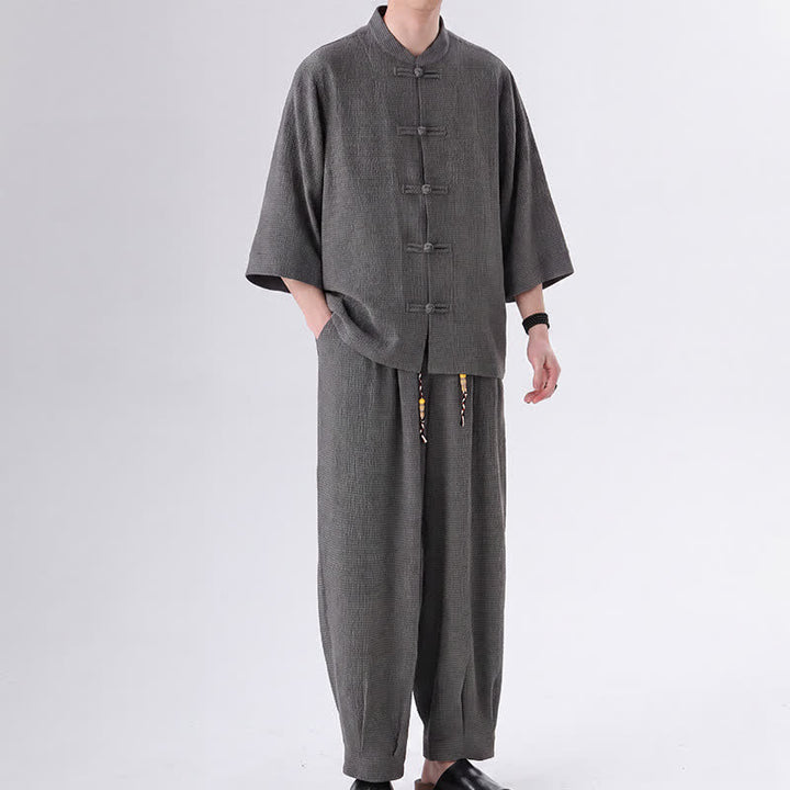 Buddha Stones Completo da uomo composto da 2 pezzi: camicia e pantaloni a maniche a tre quarti con bottoni a rana, stile Spring Tang, tinta unita, ideale per la meditazione, con tasca. - Grigio tenue - US/UK/AU46, EU56 (5XL) - image 9