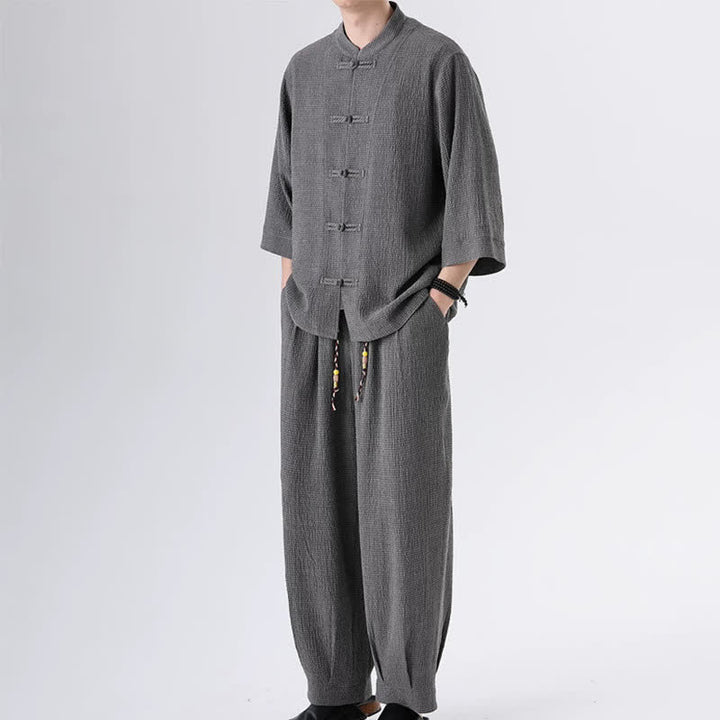 Buddha Stones Completo da uomo composto da 2 pezzi: camicia e pantaloni a maniche a tre quarti con bottoni a rana, stile Spring Tang, tinta unita, ideale per la meditazione, con tasca. - image 11