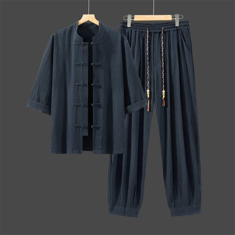Buddha Stones Completo da uomo composto da 2 pezzi: camicia e pantaloni a maniche a tre quarti con bottoni a rana, stile Spring Tang, tinta unita, ideale per la meditazione, con tasca. - Blu notte - US/UK/AU46, EU56 (5XL) - image 16