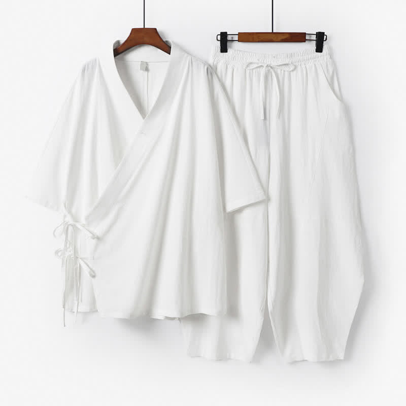 Buddha Stones Completo 2 pezzi primavera estate minimalista con coulisse, maniche a gomito, camicia e pantaloni in cotone da uomo, ideale per la meditazione, con tasca. - Bianco - US/UK/AU54, EU64 (9XL) - image 16