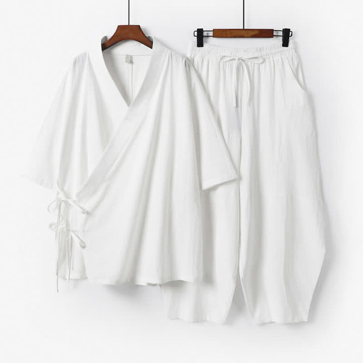 Buddha Stones Completo 2 pezzi primavera estate minimalista con coulisse, maniche a gomito, camicia e pantaloni in cotone da uomo, ideale per la meditazione, con tasca. - Bianco - US/UK/AU54, EU64 (9XL) - image 16