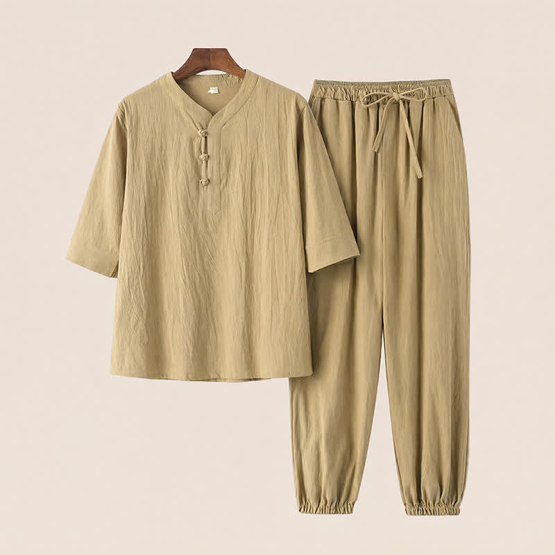 Buddha Stones Completo primavera/estate stile Tang con colletto alla coreana, maniche a tre quarti, camicia e pantaloni in tinta unita, in cotone, da uomo, ideale per la meditazione, con tasche. - Verga d'oro pallida - US/UK/AU44, EU54 (4XL) - image 18