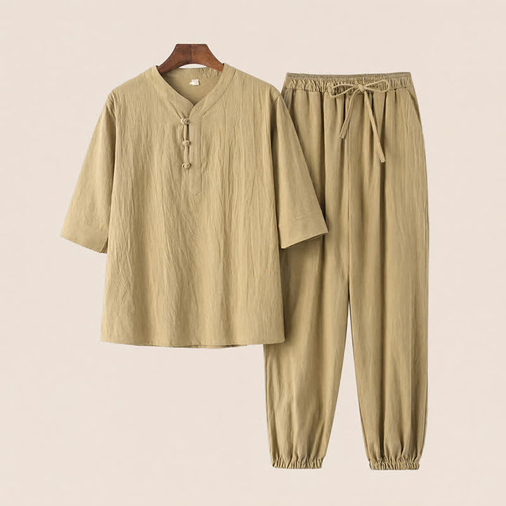 Buddha Stones Completo primavera/estate stile Tang con colletto alla coreana, maniche a tre quarti, camicia e pantaloni in tinta unita, in cotone, da uomo, ideale per la meditazione, con tasche. - Verga d'oro pallida - US/UK/AU44, EU54 (4XL) - image 18