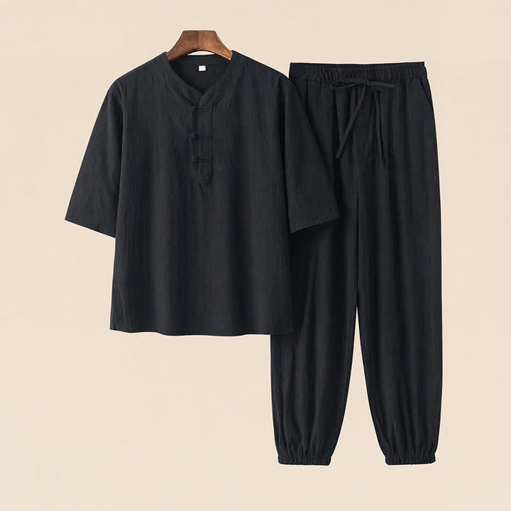 Buddha Stones Completo primavera/estate stile Tang con colletto alla coreana, maniche a tre quarti, camicia e pantaloni in tinta unita, in cotone, da uomo, ideale per la meditazione, con tasche. - Nero - US/UK/AU44, EU54 (4XL) - image 15