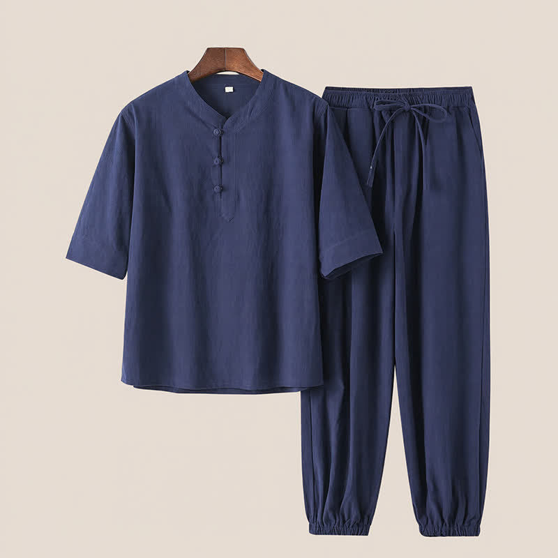 Buddha Stones Completo primavera/estate stile Tang con colletto alla coreana, maniche a tre quarti, camicia e pantaloni in tinta unita, in cotone, da uomo, ideale per la meditazione, con tasche. - Blu mezzanotte - US/UK/AU44, EU54 (4XL) - image 16