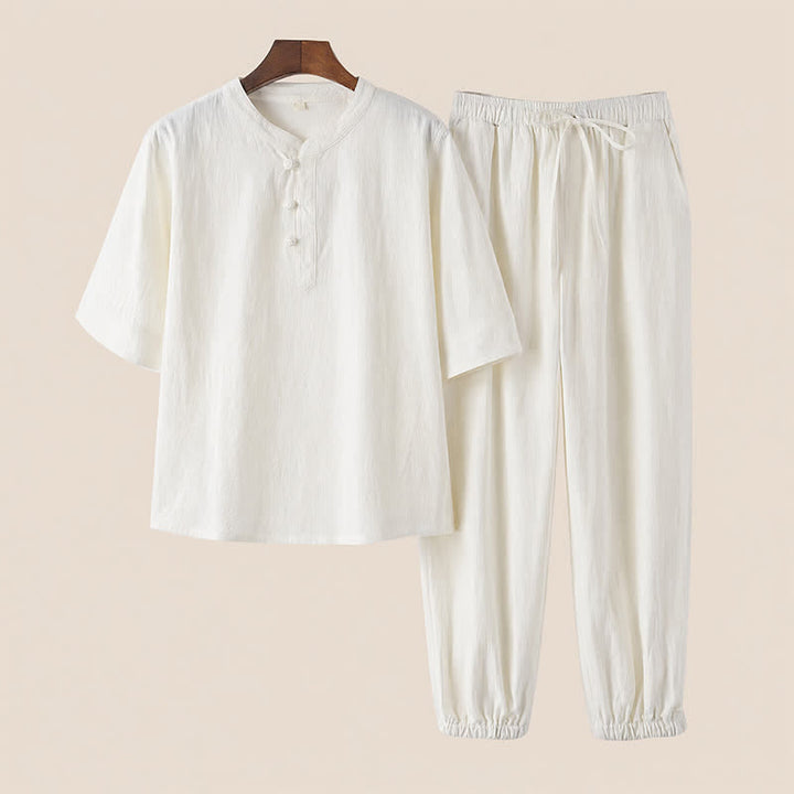 Buddha Stones Completo primavera/estate stile Tang con colletto alla coreana, maniche a tre quarti, camicia e pantaloni in tinta unita, in cotone, da uomo, ideale per la meditazione, con tasche. - Bianco - US/UK/AU44, EU54 (4XL) - image 20