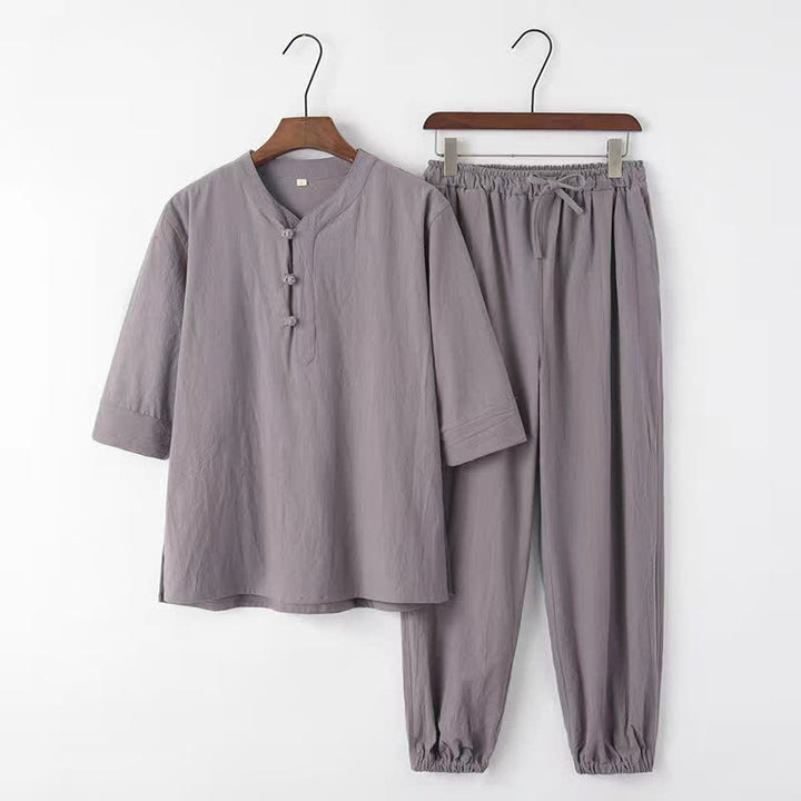 Buddha Stones Completo primavera/estate stile Tang con colletto alla coreana, maniche a tre quarti, camicia e pantaloni in tinta unita, in cotone, da uomo, ideale per la meditazione, con tasche. - Grigio - US/UK/AU44, EU54 (4XL) - image 0