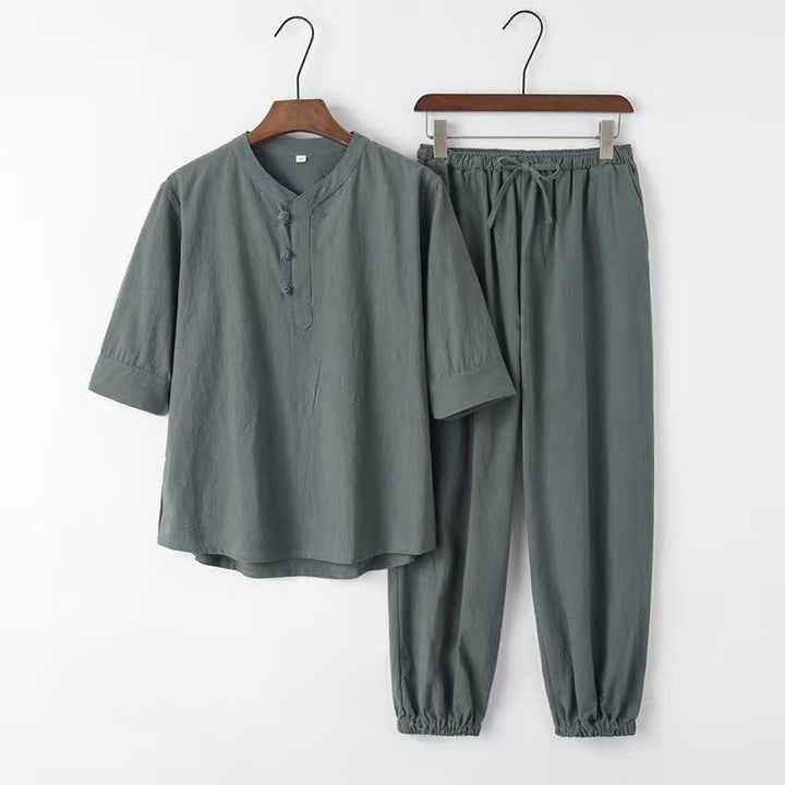 Buddha Stones Completo primavera/estate stile Tang con colletto alla coreana, maniche a tre quarti, camicia e pantaloni in tinta unita, in cotone, da uomo, ideale per la meditazione, con tasche. - Cadetto Blu - US/UK/AU44, EU54 (4XL) - image 2