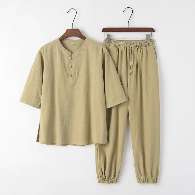 Buddha Stones Completo primavera/estate stile Tang con colletto alla coreana, maniche a tre quarti, camicia e pantaloni in tinta unita, in cotone, da uomo, ideale per la meditazione, con tasche. - image 19