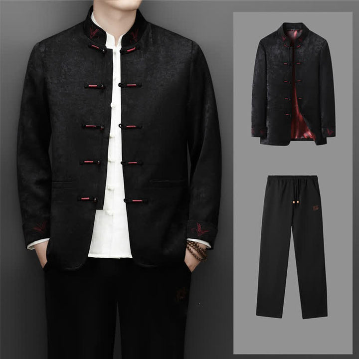 Buddha Stones Completo autunno/inverno stile Tang elegante con bottoni a rana, colletto alla coreana, giacca e pantaloni astratti da uomo, tessuto da meditazione con tasca - Nero - US/UK/AU44, EU54 (4XL) - image 12