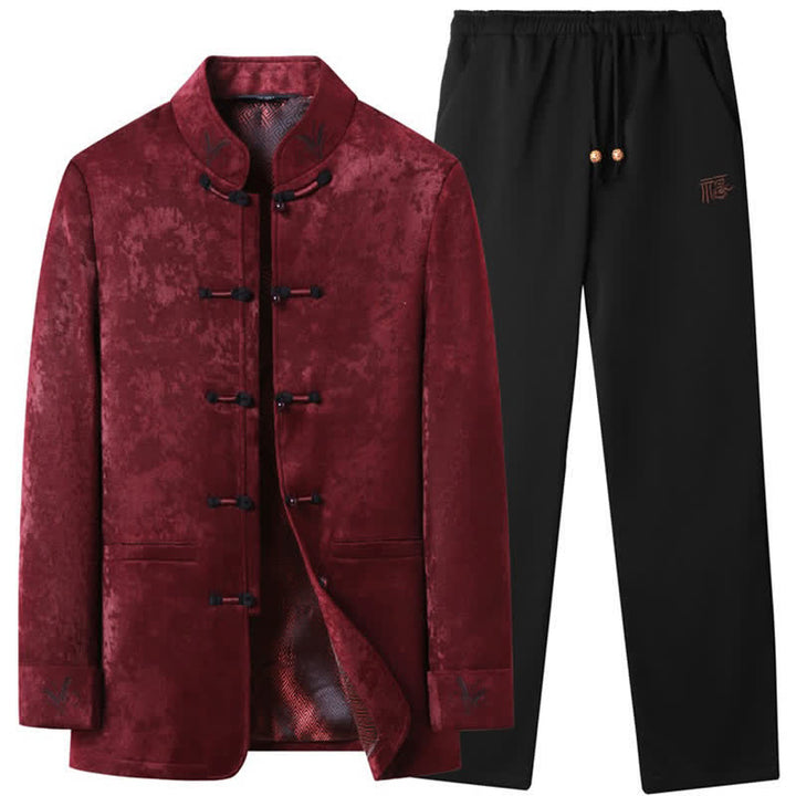 Buddha Stones Completo autunno/inverno stile Tang elegante con bottoni a rana, colletto alla coreana, giacca e pantaloni astratti da uomo, tessuto da meditazione con tasca - FireBrick - US/UK/AU44, EU54 (4XL) - image 0