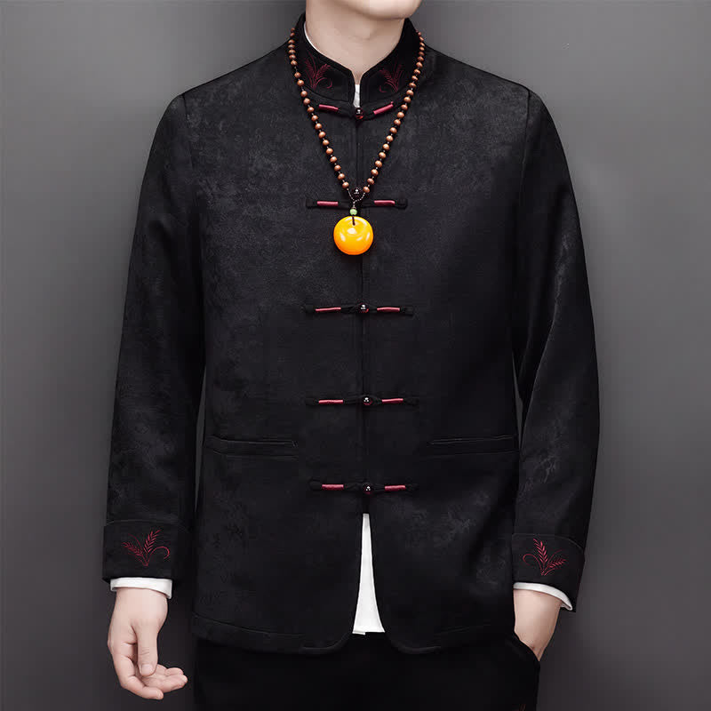 Buddha Stones Completo autunno/inverno stile Tang elegante con bottoni a rana, colletto alla coreana, giacca e pantaloni astratti da uomo, tessuto da meditazione con tasca - image 17