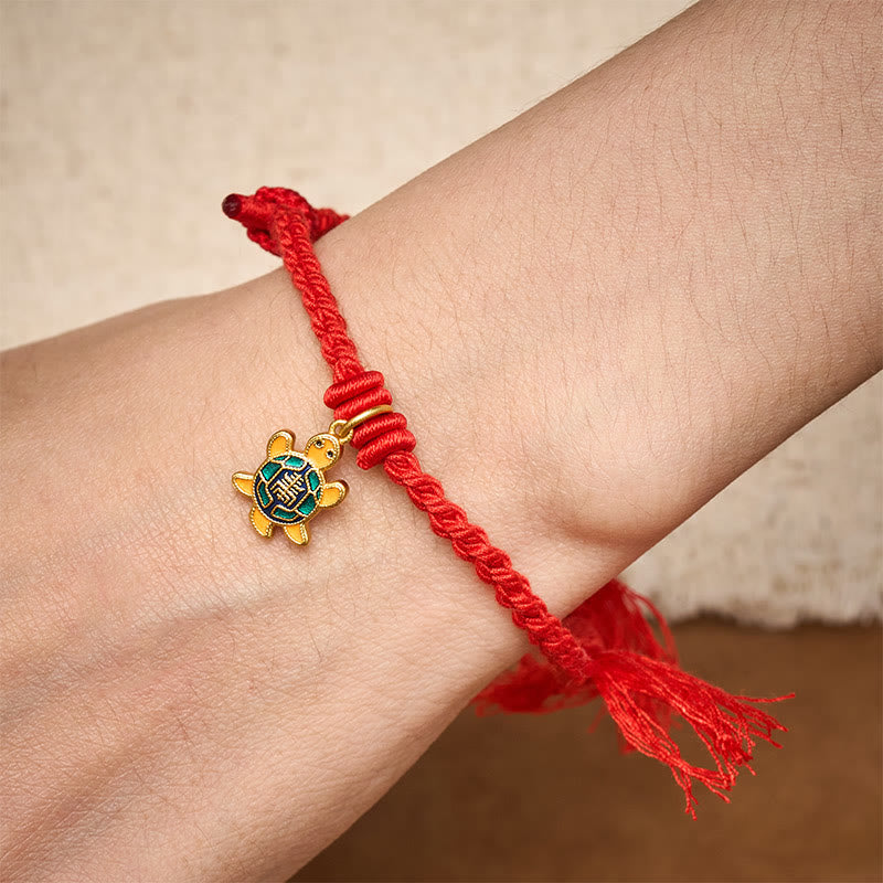 Buddha Stones Bracciale tibetano con ciondolo a forma di tartaruga, cordino rosso e filo placcato oro in rame. - image 6