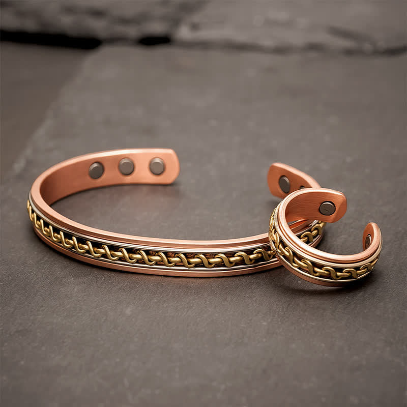 Buddha Stones Bracciale rigido con design a catena intrecciata in rame rosso e anello di messa a terra - Bracciale rigido (circa 50 mm) + anello (circa 19,7 mm/US10) - image 0