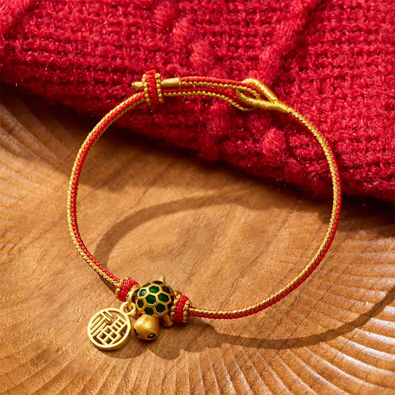 Buddha Stones Braccialetto portafortuna intrecciato con tartaruga e personaggio Fu in rame e cordino rosso - image 2