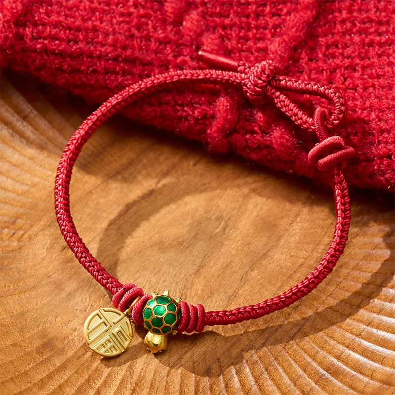 Buddha Stones Braccialetto portafortuna con tartaruga e cordino rosso, personaggio Fu. - image 3