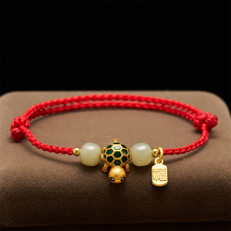 Buddha Stones Braccialetto con cordino rosso portafortuna con tartaruga di rame, giada Hetian Fu e personaggio Hetian, simbolo di fortuna. - image 2