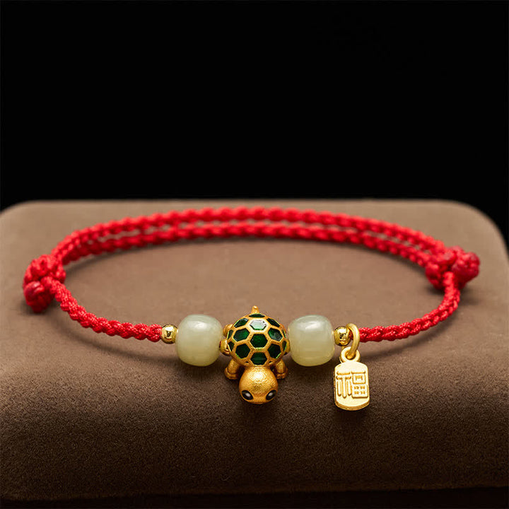 Buddha Stones Braccialetto con cordino rosso portafortuna con tartaruga di rame, giada Hetian Fu e personaggio Hetian, simbolo di fortuna. - image 2