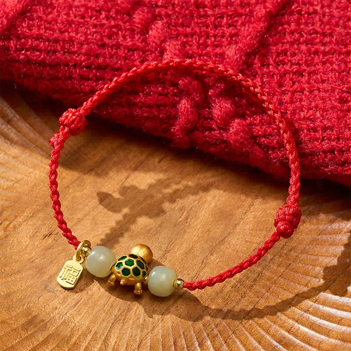 Buddha Stones Braccialetto con cordino rosso portafortuna con tartaruga di rame, giada Hetian Fu e personaggio Hetian, simbolo di fortuna. - image 4