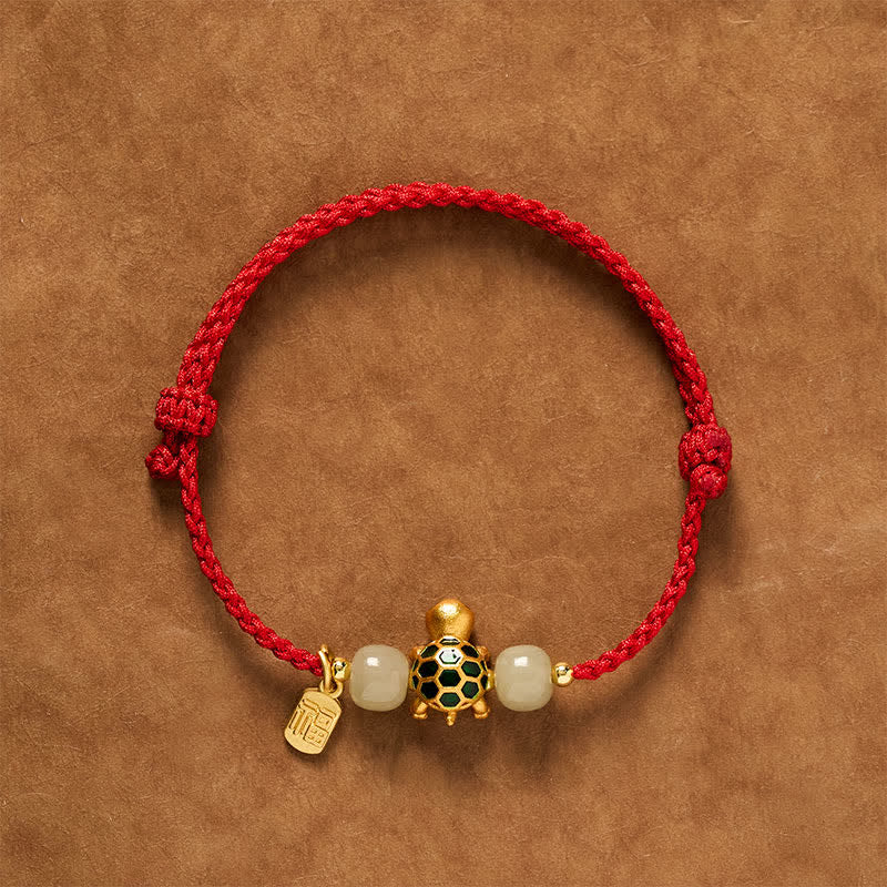 Buddha Stones Braccialetto con cordino rosso portafortuna con tartaruga di rame, giada Hetian Fu e personaggio Hetian, simbolo di fortuna. - Rosso (Circonferenza del polso: 5,5–7,1 pollici/14–18 cm) - image 0