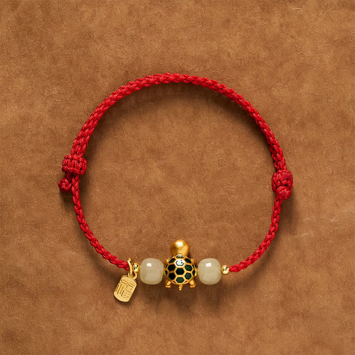 Buddha Stones Braccialetto con cordino rosso portafortuna con tartaruga di rame, giada Hetian Fu e personaggio Hetian, simbolo di fortuna. - Rosso (Circonferenza del polso: 5,5–7,1 pollici/14–18 cm) - image 0