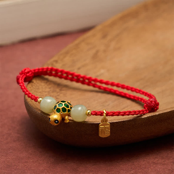 Buddha Stones Braccialetto con cordino rosso portafortuna con tartaruga di rame, giada Hetian Fu e personaggio Hetian, simbolo di fortuna. - image 3