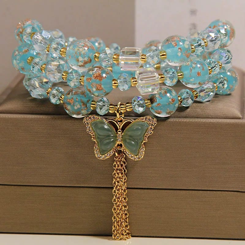 Buddha Stones Bracciale a triplo giro con perline Blue Liuli Glaas e motivo farfalla. - image 9