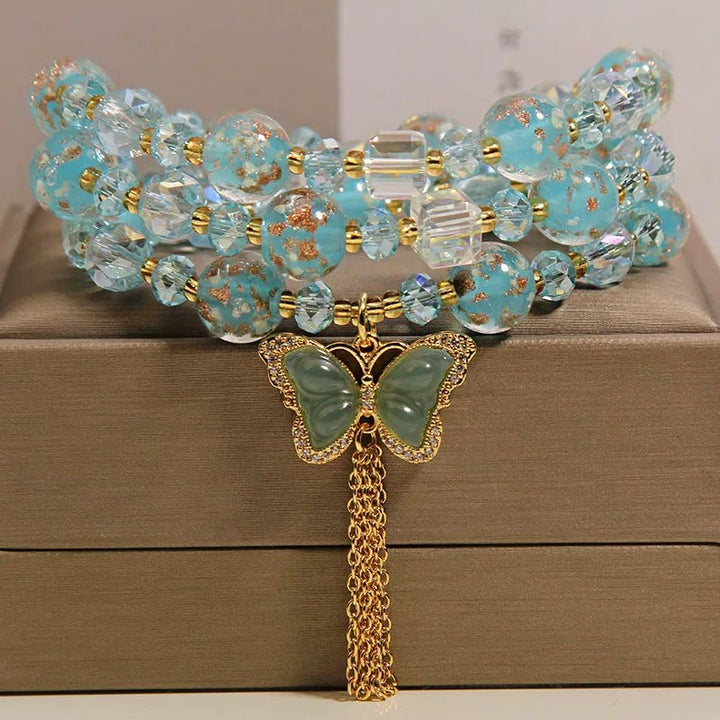 Buddha Stones Bracciale a triplo giro con perline Blue Liuli Glaas e motivo farfalla. - Farfalla (Trasformazione ♥ Amore) - image 0