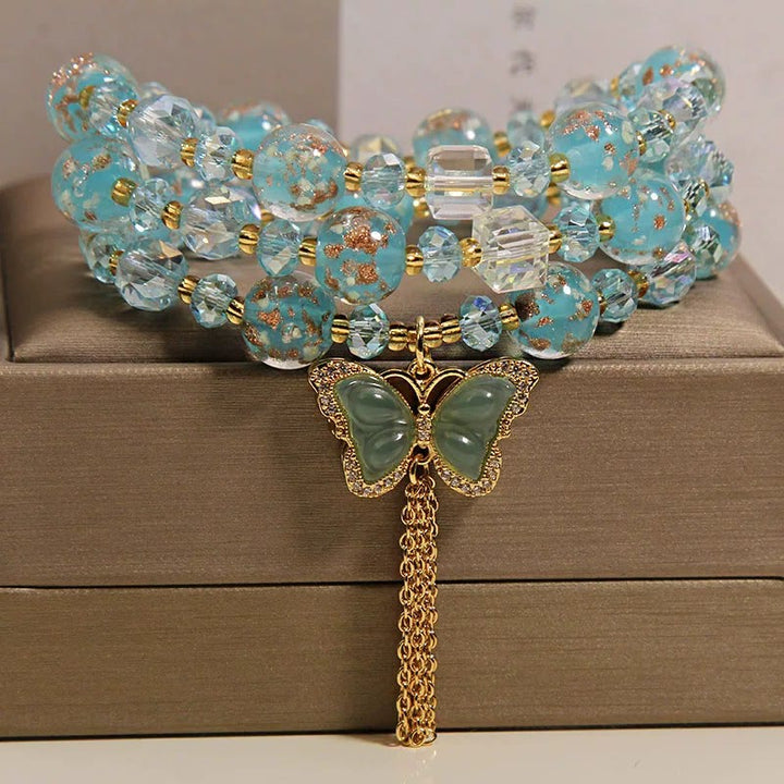 Buddha Stones Bracciale a triplo giro con perline Blue Liuli Glaas e motivo farfalla. - image 10