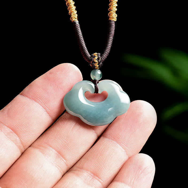 Buddha Stones Collana con ciondolo portafortuna a forma di nuvola Ruyi in giada e lucchetto cinese. - image 7